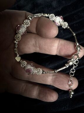 🥀STERLING SILVER & LAMPWORK FLORAL PINK & LACE BEADED BRACELET 🥀98% silver)🥀